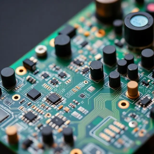 Close-up of a high-complexity PCB showing fine-pitch components and multilayer traces