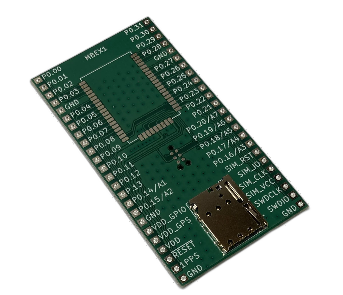 nRF9151 Micro Breakout Expansion board front view with 2.54mm headers and nano SIM slot