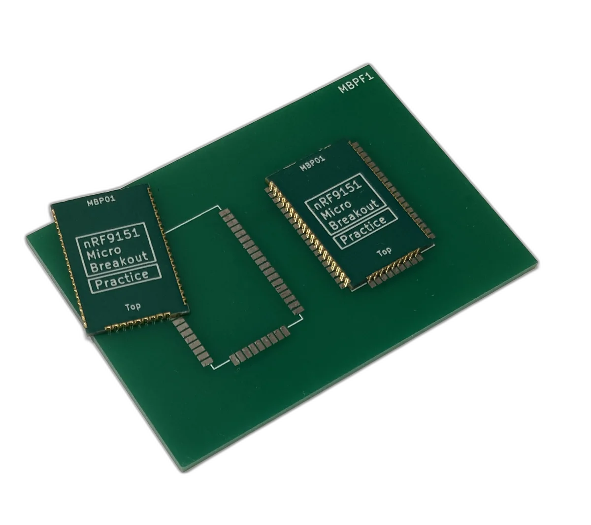 nRF9151 Micro Breakout practice soldering board with identical 1mm pitch pad layout